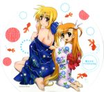  absurdres back barefoot blonde_hair blush fate_testarossa feet green_eyes heterochromia highres japanese_clothes kimono kneeling long_hair lyrical_nanoha mahou_shoujo_lyrical_nanoha_strikers multiple_girls non-web_source off_shoulder official_art open_mouth red_eyes smile uchiwa_design undressing very_long_hair vivio yukata 