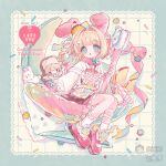  1girl :o blonde_hair blunt_bangs blush brown_skirt commission full_body green_eyes hair_intakes hat highres holding holding_toothbrush long_sleeves mihuashi_commission mihuashi_username open_mouth original oversized_object pink_hat pink_shoes pleated_skirt sample_watermark shirt shoes short_hair sitting skirt socks solo toothbrush tushou twitter_username watermark white_shirt white_socks 