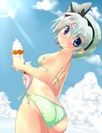  ass bikini black_hairband blue_eyes food hairband ice_cream konpaku_youmu looking_back nagare short_hair side-tie_bikini silver_hair solo string_bikini sun swimsuit touhou 