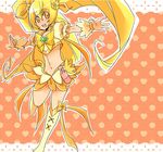  bad_id bad_pixiv_id blonde_hair boots bow choker cure_sunshine flower heart heart_background heartcatch_precure! knee_boots long_hair magical_girl midriff myoudouin_itsuki navel orange_(color) orange_background orange_choker orange_skirt polka_dot polka_dot_background precure ribbon skirt solo twintails yawaragi yellow_bow yellow_eyes 