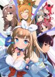  +_+ 6+girls ahoge almond_eye_(the_changer)_(umamusume) almond_eye_(umamusume) animal_ears blast_onepiece_(umamusume) blue_eyes blue_gloves blunt_bangs blush bow_hairband braid braided_sidelocks breasts brown_hair chrono_genesis_(umamusume) cleavage closed_eyes closed_mouth collarbone colored_inner_hair commentary_request curren_bouquetd'or_(umamusume) detached_sleeves ear_covers english_text fingerless_gloves gloves gran_alegria_(umamusume) grey_eyes grey_hair hair_between_eyes hair_ornament hairband hairclip heart heart_hands highres horse_ears horse_girl long_braid long_hair looking_at_viewer loves_only_you_(9927_wishes)_(umamusume) loves_only_you_(umamusume) low_twin_braids lucky_lilac_(umamusume) mismatched_ear_covers multicolored_hair multiple_girls one_eye_closed open_mouth peeking_out purple_eyes red_button red_hair shuten_(shutehaan) simple_background small_breasts smile streaked_hair symbol-shaped_pupils twin_braids umamusume white_hairband white_streaks x-shaped_pupils x_hair_ornament yellow_eyes 