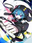  1girl absurdres ahoge animal_ear_hood animal_ears aqua_hair black_hoodie chakram detached_sleeves fake_animal_ears highres holding holding_weapon hood hoodie jitome looking_at_viewer morizo_(morizoshop) necktie open_mouth original purple_eyes rabbit_ears red_necktie sharp_teeth short_hair sleeveless sleeveless_hoodie solo teeth v-shaped_eyebrows weapon 