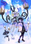  1girl belt black_dress black_hair blue_gloves blunt_bangs bob_cut candle chandelier chandelure closed_mouth coat dress e_volution evolutionary_line fire gloves gradient_hair gwynn_(pokemon) hat highres lamp lampent litwick long_sleeves mega_chandelure mega_pokemon mega_stone mismatched_eyes multicolored_hair o-ring o-ring_belt open_clothes open_coat pantyhose partially_fingerless_gloves pokemon pokemon_(creature) pokemon_legends:_z-a purple_eyes purple_fire purple_hair shoes short_hair smile star_(symbol) white_coat yellow_eyes 