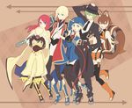  3girls animal_ears blazblue blonde_hair blue_eyes blue_footwear boots brown_eyes brown_hair gloves green_eyes green_hair hat hazama jin_kisaragi long_hair makoto_nanaya multiple_boys multiple_girls necktie noel_vermillion one_eye_closed orange_skirt red_hair sk_(ryolove) skirt smile squirrel_ears squirrel_tail tail thighhighs tonfa tsubaki_yayoi uniform weapon 