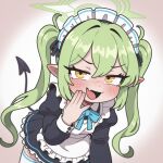  1girl ai-generated apron black_dress black_tail blue_archive blue_ribbon blush demon_tail dress fang frilled_apron frills green_hair green_halo halo highres maid maid_apron maid_headdress making_faces moonieuwur nozomi_(blue_archive) open_mouth pointy_ears ribbon skin_fang smile solo tail thighhighs twintails white_apron white_thighhighs yellow_eyes 