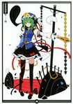  1girl absurdres black_legwear female green_eyes green_hair hat highres ideolo legs rod_of_remorse scan shiki_eiki shikieiki_yamaxanadu short_hair solo thighhighs touhou 