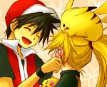  1girl ^_^ baseball_cap black_hair blonde_hair blush brown_eyes chuchu_(pokemon) closed_eyes floral_background flower gen_1_pokemon hair_between_eyes hair_flower hair_ornament hat long_hair open_mouth orange_background pika_(pokemon) pikachu pokemon pokemon_(creature) pokemon_special ponytail raku_(rairaku345) red_(pokemon) short_hair smile yellow_(pokemon) 