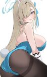  1girl ;p animal_ears aqua_leotard asuna_(blue_archive) asuna_(bunny)_(blue_archive) asymmetrical_bangs backless_leotard backless_outfit bare_shoulders blonde_hair blue_archive blue_bow blue_bowtie blue_eyes blue_halo blue_leotard bow bowtie breasts commentary_request detached_collar fake_animal_ears gloves hair_over_one_eye halo highres large_breasts leotard long_hair looking_at_viewer looking_back nakano_kura official_alternate_costume one_eye_closed pantyhose playboy_bunny rabbit_ears rabbit_tail sideboob simple_background solo strapless strapless_leotard tail thighband_pantyhose tongue tongue_out traditional_bowtie white_background white_gloves 