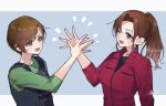  2girls :d artist_name black_shirt blue_eyes border breasts brown_hair bulletproof_vest claire_redfield commentary_request green_eyes green_shirt grey_background hair_between_eyes hair_tie high_five jacket long_hair long_sleeves mar0maru medium_breasts multiple_girls one_eye_closed open_mouth parted_bangs ponytail rebecca_chambers red_jacket resident_evil resident_evil_1 resident_evil_2 resident_evil_2_(remake) shirt short_hair signature smile upper_body white_border 