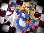  alice_(monster_girl_encyclopedia) bad_id bad_pixiv_id blonde_hair blue_eyes blush bow buttons checkered cream demon_girl dress error horns long_hair monster_girl monster_girl_encyclopedia pointy_ears shoes single_shoe smile solo succubus sud_(sudea) tail text_focus thighhighs 