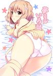  ass bed_sheet blush breasts brown_eyes brown_hair cover cover_page flower from_behind hair_flower hair_ornament hanasaku_iroha highres hinata_sora japanese_clothes kimono lying matsumae_ohana medium_breasts nipples no_bra off_shoulder on_side panties pants_pull pink_panties short_hair solo underwear undressing 