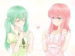  bad_id bad_pixiv_id blue_eyes closed_eyes dress green_hair hatsune_miku heart long_hair megurine_luka multiple_girls omu_(omu929) pink_hair red_string simple_background string vocaloid 