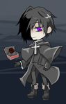  1boy black_hair book boots box capelet cross cthulhu_mythos gloves lovecraft male male_focus nyarlathotep personification purple_eyes sca07cpm0005tm short_hair smirk solo 