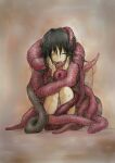  1girl black_hair brown_background closed_eyes facing_viewer hair_flowing_over hands_on_own_cheeks hands_on_own_face hands_up iiibanah insect_on_head insect_on_shoulder knees_up long_hair open_mouth original oversized_bug sitting smile solo worm 