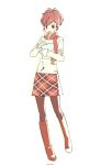  1girl 7_ps black_pantyhose boots brown_boots brown_hair commentary_request food food_in_mouth full_body hair_ornament hairclip highres holding holding_food korean_commentary long_sleeves mp3_player multiple_persona pantyhose persona persona_3 persona_3_portable ponytail red_eyes red_scarf scarf shiomi_kotone short_hair simple_background skirt standing sweater taiyaki wagashi white_background 