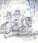  2girls absurdres animal_ears animal_print basket bishamonten's_spear breasts capelet closed_mouth commentary dress english_commentary greyscale hagoromo highres long_sleeves looking_at_viewer medium_breasts monochrome mouse_ears mouse_girl mouse_tail multicolored_hair multiple_girls nazrin neck_ribbon pants polearm ribbon shawl shikishi shoes short_hair smile spear streaked_hair tail tiger tiger_print toramaru_shou touhou traditional_media twitter_username watermark watermark_grid weapon yuzuha_(yuzutime) 