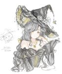  1girl absurdres animal artist_name bare_shoulders bead_necklace beads black_bow black_dress black_hat bow bowtie bright_pupils butterfly_hat_ornament cat cloak closed_mouth clothed_animal copyright_name cropped_torso doodle_inset dress flower frilled_cloak frilled_headwear frilled_sleeves frills gold_necklace grey_hair hair_bow hair_flower hair_ornament hand_on_own_cheek hand_on_own_face happy hat hat_flower hat_ornament highres hood hood_up hooded_cloak infinity_nikki jewelry lace-trimmed_dress lace-trimmed_headwear lace_trim layered_sleeves light_blush light_smile long_hair long_sleeves looking_at_viewer low_twintails marking_on_cheek momo_(nikki) necklace nikki_(series) off-shoulder_dress off_shoulder official_alternate_color official_alternate_costume qikawaii rainfall_&amp;_blossoms_(infinity_nikki) short_over_long_sleeves short_sleeves sidelocks simple_background sleeve_bow traditional_bowtie twintails very_long_hair wavy_hair white_background white_flower white_pupils witch witch_hat yellow_bow yellow_eyes yellow_flower 