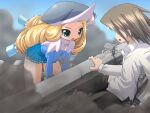  1boy 1girl 2000s_(style) bent_over beret blonde_hair blue_shirt blue_skirt breasts brown_hair capelet collared_shirt cowboy_shot drill_(majo_no_ochakai) drill_hair faceless faceless_male game_cg green_eyes grey_hat grey_pants hat kenki_fujioka large_breasts lifting_object long_hair long_sleeves magical_girl majo_no_ochakai miniskirt non-web_source official_art open_mouth pants parted_bangs pleated_skirt profile quad_drills rubble shirt skirt sky smile standing thighs v-shaped_eyebrows white_capelet white_shirt witch wristband 