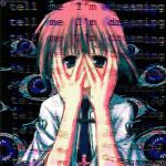  1girl black_background capelet covering_face cross cross_print crown_print disembodied_eye english_text foreground_text hands_on_own_face highres kristianmaksak5 looking_at_viewer necktie otonashi_ayana painterly peeking peeking_through_fingers pink_hair purple_eyes school_uniform shirt short_hair subarashiki_hibi surreal watermark white_capelet white_shirt 