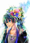  aqua_eyes bad_id bad_pixiv_id face flower green_hair hair_flower hair_ornament hatsune_miku jewelry long_hair necklace solo umu_(um) vocaloid 