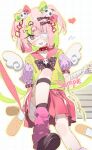  1girl :d bandaged_arm bandaged_leg bandages bandaid_on_thigh black_shoes blonde_hair bow bowtie detached_wings eyepatch green_hair hair_ornament heart heart_hair_ornament highres leg_warmers looking_at_viewer measho miniskirt open_mouth original pink_eyes pink_hair pink_skirt polka_dot polka_dot_bow polka_dot_bowtie purple_leg_warmers purple_sleeves shoes skirt smile solo two_side_up white_wings wings 