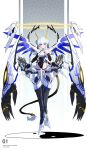  1girl above-cleavage_cutout absurdres bare_shoulders bell black_gloves black_leotard black_ribbon black_tail blue_wings breasts bright_pupils chestnutj37 chinese_clothes claw_(weapon) closed_mouth clothing_cutout commentary_request dot_nose double_bun egasumi elbow_gloves english_text exoskeleton expressionless floral_print floral_print_leotard full_body fur-tipped_tail gloves gradient_background grey_eyes hair_bun hair_ribbon halo high_heels highleg highleg_leotard highres honeycomb_(pattern) honeycomb_background horns jingle_bell leotard light_blush looking_at_viewer mecha mecha_musume mechanical_legs mechanical_wings medium_breasts multicolored_leotard original pankou print_leotard ribbon robot silkpunk simple_background solo straight-on tail tail_bell tail_ornament triangle_cutout turtleneck turtleneck_leotard two-tone_leotard weapon white_background white_hair white_leotard white_pupils wings yellow_halo yellow_horns yin_yang 