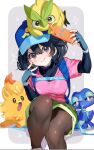  1girl backpack bag black_bodysuit black_hair blue_bag blue_hat blue_skin blush bodysuit bodysuit_under_clothes breasts browt closed_mouth colored_skin commentary_request fangs feathers female_protagonist_(pokemon_ww) fingerless_gloves floral_print_shirt gecqua gloves green_shorts grey_eyes hat highres holding holding_phone layered_sleeves long_sleeves looking_at_viewer medium_breasts on_head open_mouth orange_fur pantyhose phone pink_shirt pokemon pokemon_(creature) pokemon_on_head pokemon_ww pombon rotom rotom_phone shirt short_hair short_over_long_sleeves short_sleeves shorts shuri_(84k) smile tongue tongue_out 