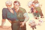  2boys ^^^ anal asd4486 bandage_on_nose bara beard black_hair black_pants blue_shirt blush bulge chibi closed_mouth commentary condom erection erection_under_clothes facial_hair green_shirt heart highres igor_(reverse:1999) looking_at_another male_focus mr._duncan_(reverse:1999) multicolored_hair multiple_boys open_mouth pants precum precum_through_clothes reverse:1999 sex shirt smile speech_bubble spoken_heart trembling untranslatable_commentary used_condom watermark white_hair yaoi 