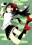  absurdres black_hair black_legwear blush brown_hair camera flying from_behind geta hat highres kneehighs looking_at_viewer looking_back open_mouth panties red_eyes sailor_antei shameimaru_aya skirt solo striped striped_panties tokin_hat touhou underwear wings 