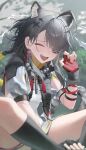  1girl absurdres ahoge animal_ears animal_print arknights arknights:_endfield black_socks braid closed_eyes commentary_request earrings eyepatch fingerless_gloves gloves grey_hair highres jewelry jinsei_tsuraiman long_hair open_mouth red_gloves smile socks solo tangtang_(arknights) tiger_ears tiger_girl tiger_print 