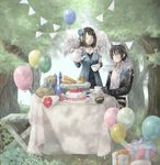  1girl bad_id bad_pixiv_id balloon belt black_hair bread cake closed_eyes cup decimal_(j_decimal) final_fantasy final_fantasy_viii flower food forest fur_collar gift jewelry nature necklace rinoa_heartilly rose sleeveless_duster squall_leonhart teacup teapot tree wings 
