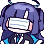  1girl black_jacket blazer blue_archive chibi commentary_request halo jacket korean_commentary long_hair mask mouth_mask mouth_mask_over_eyes open_clothes open_jacket purple_hair simple_background solo tu1na upper_body white_background white_jacket you're_doing_it_wrong yuuka_(blue_archive) 
