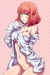  blush breasts cleavage collarbone covering covering_breasts finger_to_face groin medium_breasts naked_shirt nanami_haruka navel no_bra no_panties off_shoulder open_clothes open_shirt orange_hair oversized_clothes oversized_shirt shirt sleeves_past_wrists solo star starry_background thighs uta_no_prince-sama white_shirt yellow_eyes yukkyun 