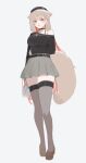  animal_ear_fluff bag black_shirt brown_hair brown_shoes character_request commentary_request copyright_request fang heart highres red_eyes shirt shoes simple_background skirt sorotu tail thighhighs white_background white_bag 