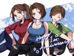  3girls artist_name bare_arms bare_shoulders black_pants blue_background blue_eyes blue_pants blue_tank_top border breasts brown_hair bulletproof_vest claire_redfield cleavage closed_eyes closed_mouth commentary_request feet_out_of_frame green_shirt hair_tie hugging_own_legs jacket jewelry jill_valentine long_hair looking_at_viewer mar0maru medium_breasts multiple_girls necklace open_mouth pants pants_rolled_up parted_bangs ponytail rebecca_chambers red_jacket resident_evil resident_evil_1 resident_evil_2 resident_evil_2_(remake) resident_evil_3:_nemesis shirt short_hair signature smile tank_top torn_clothes torn_pants white_border 