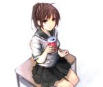  bad_id bad_pixiv_id banned_artist brown_eyes brown_hair can coca-cola desk on_desk original pleated_skirt ponytail school_uniform seafh simple_background sitting sitting_on_desk skirt soda_can solo 