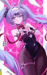  1girl absurdres ace_(playing_card) ace_of_hearts animal_ears black_leotard blue_eyes blue_hair breasts card clothing_cutout commentary cuffs cutout_above_navel detached_collar facial_mark fake_animal_ears fishnet_pantyhose fishnets four-finger_heart_hands gabang hair_ornament handcuffs hatsune_miku heart heart_cutout heart_hands highres leotard looking_at_viewer object_in_bra pantyhose pink_pupils playboy_bunny playing_card rabbit_ears rabbit_hole_(vocaloid) smile solo teardrop_facial_mark tongue tongue_out twintails untranslatable_commentary vocaloid x_hair_ornament 
