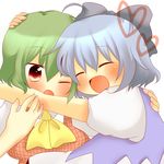  ^_^ ascot bad_hands blue_hair blush bow cirno closed_eyes dress dress_shirt fang green_hair hair_bow heart hug kazami_yuuka multiple_girls one_eye_closed plaid plaid_vest red_eyes shii_(cocoa) shirt short_hair touhou vest 