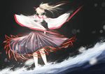  alternate_costume alternate_hairstyle arufa_(hourai-sugar) blonde_hair floating_hair from_behind horn hoshiguma_yuugi long_hair long_skirt ponytail skirt solo standing striped striped_skirt touhou vertical_stripes water wide_sleeves wind 