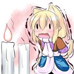  animal_ears blonde_hair candle cat_ears cat_tail chibi commentary_request extra_ears fire hoshizuki_(seigetsu) kemonomimi_mode mizuhashi_parsee open_mouth puru-see scarf solo tail touhou trembling |_| 