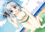  bags_under_eyes beach bikini bikini_bottom bikini_top blue_eyes hair_ribbon highres konpaku_youmu lilybell lotion midriff navel ocean ribbon side-tie_bikini silver_hair smile solo sunscreen swimsuit touhou translation_request 