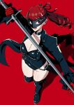  1girl black_jacket black_leotard black_mask black_ribbon black_thighhighs breasts cleavage coattails collarbone commentary_request cropped_jacket eye_mask frilled_sleeves frills from_above gloves hair_ribbon highres holding holding_sword holding_weapon jacket large_breasts leotard long_hair long_sleeves looking_up mask open_clothes open_jacket open_mouth persona persona_5 persona_5_the_royal ponytail red_background red_eyes red_gloves red_hair ribbon shadow simple_background solo standing sword tailcoat thighhighs violet_(persona_5) weapon yoshizawa_kasumi zetsu_red 