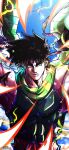  1boy absurdres adjusting_clothes adjusting_headwear battle_tendency brown_hair bubble english_commentary green_eyes green_scarf green_shirt hamon hands_up headband highres jojo_no_kimyou_na_bouken joseph_joestar joseph_joestar_(young) looking_at_viewer male_focus messy_hair muscular muscular_male noonvincent scarf shirt sleeveless sleeveless_shirt star_(symbol) striped_clothes striped_scarf upper_body yellow_scarf 