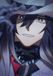  1boy adjusting_clothes adjusting_headwear ashveil_(honkai:_star_rail) bright_pupils gradient_hair grey_eyes hair_between_eyes hashtag-only_commentary highres honkai:_star_rail honkai_(series) jewelry long_hair male_focus metal_gloves multicolored_hair necklace sannuiz sidelocks signature smile solo staring tooth_necklace turtleneck 