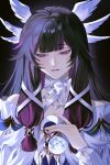  1girl bare_shoulders black_hair bow colored_inner_hair columbina_(genshin_impact) dark_background dress genshin_impact hair_ribbon hashtag-only_commentary head_wings highres long_hair multicolored_hair parted_lips purple_eyes purple_hair ribbon ritsu_0409 solo streaked_hair two-tone_hair upper_body white_bow white_dress white_ribbon white_wings wings wrist_bow 