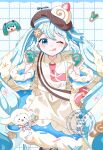  1girl 39 absurdres anastry_00 apron aqua_eyes aqua_hair beret blush brown_hat character-themed_food closed_mouth commentary_request cookie cookie_hair_ornament detached_sleeves food food-themed_hair_ornament frilled_apron frills fur-trimmed_sleeves fur_trim hair_between_eyes hair_ornament hat hatsune_miku highres holding holding_cookie holding_food long_hair looking_at_viewer necktie official_alternate_costume official_alternate_hairstyle one_eye_closed pink_necktie puffy_short_sleeves puffy_sleeves rabbit_yukine short_sleeves smile tongs tongue tongue_out tray twintails very_long_hair vocaloid watermark white_apron wide_sleeves yuki_miku yuki_miku_(2026) 