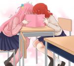  2girls black_shoes blue_skirt bocchi_the_rock! chair commentary_request cube_hair_ornament desk flinch gotoh_hitori hair_ornament highres implied_french_kiss jacket kiss kita_ikuyo long_sleeves multiple_girls on_chair one_side_up pants pants_under_skirt pink_jacket pink_pants pleated_skirt red_hair school_chair school_desk school_uniform shoes shuka_high_school_uniform sitting skirt socks track_jacket track_pants two_side_up white_socks yuki._(kitaiku4) yuri 