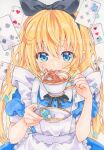  2girls alice's_adventures_in_wonderland alice_(alice_in_wonderland) animal_ears apron black_bow black_bowtie black_hairband blonde_hair blue_dress blue_eyes bow bowtie card character_request commentary_request cup dress hairband highres holding holding_cup holding_saucer in_container in_cup long_hair looking_at_viewer marker_(medium) mini_person minigirl mouse_ears mouse_girl mouse_tail multiple_girls playing_card puffy_short_sleeves puffy_sleeves saucer short_sleeves tail tea teacup traditional_media very_long_hair watermark white_apron yuiki_(cube) 
