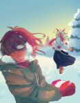  1girl 1other absurdres animal_ears antlers black_skirt brown_hair commentary deer_antlers deer_ears deer_girl deltarune earmuffs english_commentary furry furry_female green_jacket highres hooves horns jacket kris_(deltarune) long_hair long_skirt mittens nebbeli noelle_holiday open_mouth pine_tree red_mittens red_scarf ringlets scarf short_hair skirt snow snowball snowball_fight surprised sweater tree utdr_(toby_fox) white_sweater winter_clothes 