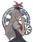  closed_eyes dress face grey_hair hands hands_together hat highres kamishirasawa_keine long_hair own_hands_together pisoshi profile solo touhou upper_body 